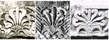 Greek and Indian flame palmettes. Left: Flame palmette at Didyma, Ionia, c.300 BCE. Middle: Pataliputra capital, India, c.3rd century BCE. Right: Ashoka's Diamond throne, Bodh Gaya, India, 250 BCE. Greek and Indian flame palmettes.jpg