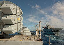 Original GWS-25 sextuple launcher on the Type 22 frigate HMS Cumberland. HMS Cumberland - RAS with RFA Wave Knight MOD 45145682.jpg