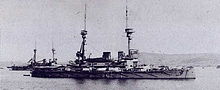 Lord Nelson anchored at the Dardanelles in 1915. Her sister ship Agamemnon is anchored behind her. HMS Lord Nelson (1906) and HMS Agamemnon (1906) anchored in Dardanelles in 1915.jpg