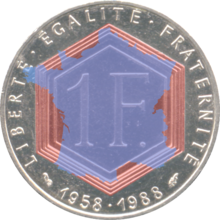 l'Hexagone illustrated by overlaying the outline of mainland France with the hexagon on the 1988 Charles de Gaulle commemorative 1 franc coin. Going counterclockwise, the sides of the hexagon are: 1. the Channel coast, 2. the Atlantic coast, 3. the Pyrenees (border with Spain), 4. the Mediterranean coast, 5. the eastern border (Alps, Jura and Upper Rhine; Monaco to Karlsruhe), and 6. the northeastern border (German Rhineland, Belgium and Luxembourg; Karlsruhe to Dunkirk).