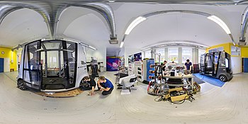 Scientists and students working on the Self-Driving Vehicle "ISEAUTO" in TalTech School of Engineering. 360° panorama. 2.63 , SD 3.89