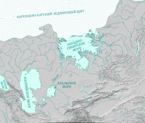 Узбой на карте морей-озёр Сибири и Центральной Азии во время ледникового периода