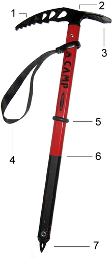 Ice axe
1 - pick
2 - head
3 - adze
4 - leash
5 - leash stop
6 - shaft with rubber grip
7 - spike Ice axe.png