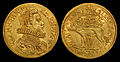 Image 12 Doubloon Coin design credit: Duchy of Parma The doubloon was a Spanish gold coin worth two escudos or 32 reales weighing 6.867 grams (0.221 troy ounces), introduced in 1537. It became the model for several other gold coins issued in Europe, including this 1626 two-doppie gold coin issued in Piacenza in northern Italy by the Duchy of Parma, depicting Odoardo Farnese, Duke of Parma, on the obverse. The coin is part of the National Numismatic Collection at the National Museum of American History. More selected pictures