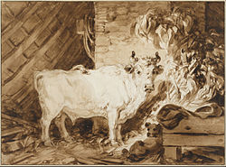 White Bull and a Dog in a Stable