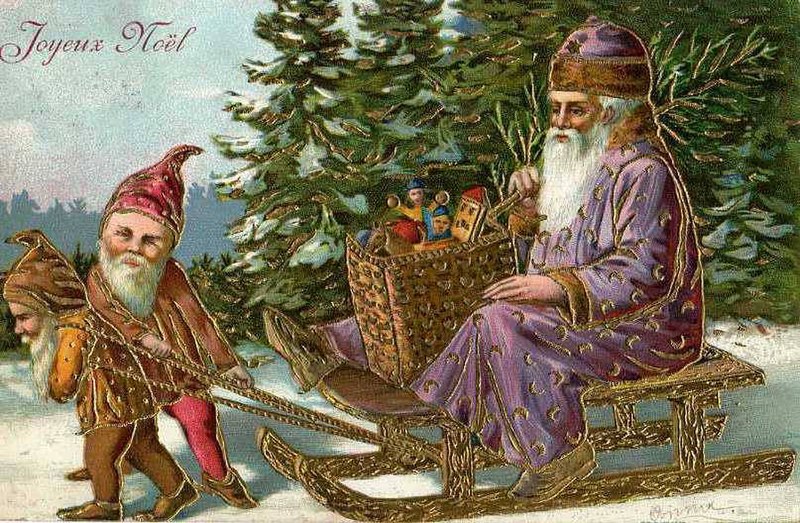 File:Joyeux Noel, Santa in a purple robe, being pulld on a sled by two elves (NBY 679).jpg