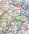 Karte der Schmalspurbahnen in Ostpommern basierend auf File:Provinz Pommern 1905.png grün = Mecklenburg-Pommersche Schmalspurbahn (MPSB) hellgrün = Demminer Kreisbahnen West (DKBW), orange = Demminer Kreisbahnen Ost (DKBO) dunkelrot = Kleinbahn Greiswald-Wolgast (KGW), hellblau = Greifswald-Jarmener Kleinbahn (GJK), violett = Anklam-Lassaner Kleinbahn (ALKB) blau = Woldegker Kleinbahn weinrot = Kleinbahn Klockow-Pasewalk (KKP)