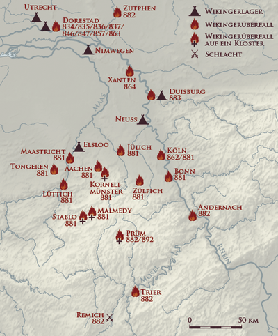 Overview map of the Viking raids in the Rhineland. Key: Wikingerlager = "Viking camp", Wikingeruberfall = "Viking raid", Wikingeruberfall auf ein Kloster = "Viking raid on a monastery", Schlacht = "battle" Karte Wikinger-Raubzuge im Rheinland.png