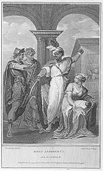 Thomas Kirk illustration of Aaron protecting his son from Chiron and Demetrius in Act 4, Scene 2; engraved by J. Hogg (1799) Kirk-TitusAct4ProtectSon.jpg