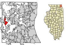 Obszary włączone i nieposiadające osobowości prawnej w Lake County Illinois Volo Highlighted.svg