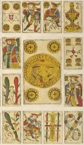 Toledo pattern cards from 1574. They are closely related to the Seville and Franco-Spanish patterns. Lamina del libro, Museo espanol de antiguedades (1873).jpg