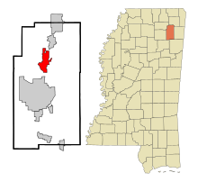 Lee County Mississippi Sisällytetyt ja rekisteröimättömät alueet Saltillo Highlighted.svg