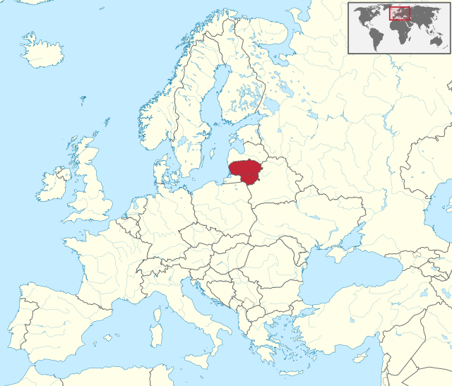 Carte administrative de l'Europe, montrant la Lituanie en rouge.