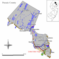 Map of Little Falls Township in Passaic County. Inset: Location of Passaic County highlighted in the State of New Jersey.