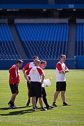 The coaching team of the Liverpool Football Club monitoring players during a training session. Liverpool's coaching staff 2012 preseason.jpg