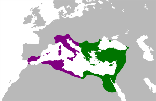 Imperiul Bizantin pe vremea lui Iustinian I, la apogeul său. Teritoriile în mov sunt cele recucerite.