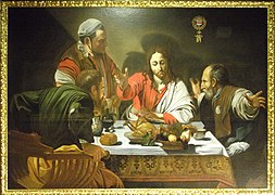Photographie en couleurs d'un tableau représentant des personnages en train de manger.