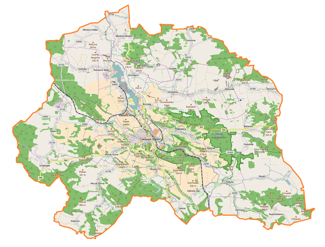 Mapa konturowa gminy Lwówek Śląski, w centrum znajduje się punkt z opisem „aleja Wojska Polskiego”