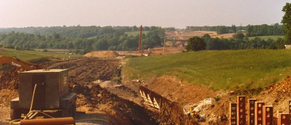 View north from Higher Denham Fire Station at Tatling End on the A40 in July 1984, with the Chiltern Main Line five-arch 1906 Chalfont Viaduct, origin