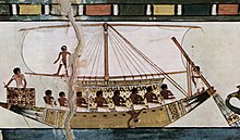 Stern-mounted steering oar of an Egyptian riverboat depicted in the Tomb of Menna (c. 1422-1411 BC) Maler der Grabkammer des Menna 013.jpg