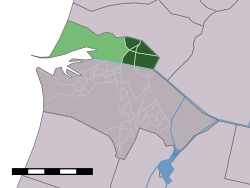 The village (dark green) and the statistical district (light green) of Velsen-Noord in the municipality of Velsen.