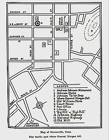 Greeneville, Tennessee landmarks from Andrew Johnson, Plebeian and Patriot (1928) by Robert W. Winston, including the location of the spring, and the sites of the Johnson house and the tailor shop Map of Greeneville, Tennessee landmarks from Andrew Johnson, Plebeian and Patriot by Robert W. Winston (1928) 02.jpg