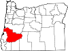 Douglas County map Map of Oregon highlighting Douglas County.svg