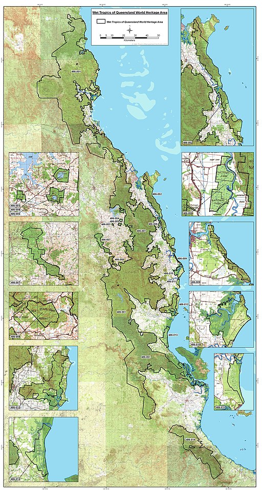 UNESCO-Weltnaturerbe Wet Tropics in Queensland (Karte der Schutzgebiete). Map of the Wet Tropics of Queensland - UNESCO World Heritage List