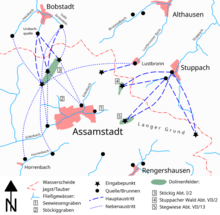 Skizze zu Markierungsversuche in den Einzugsgebieten von Stöckiggraben, oberen Erlenbach und Seewiesengraben. Dargestellt sind Ortschaften, Fließgewässer nach dem Amtlichen Gewässerkataster, die Wasserscheide zwischen Jagst und Tauber, Dolinengebiete sowie die Markierungsversuche mit Eingabe- und Austrittsstelle, unterschieden nach Haupt- und Nebenaustritt.