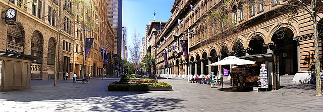 Panoramic view of the western end of Martin Place: the General Post Office (No. 1) is on the right, the Bank of Australasia Building (No. 2) and Chall