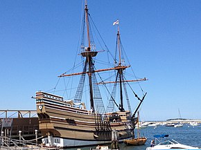 Mayflower II, a replica of the original Mayflower, docked at Plymouth, Massachusetts Mayflower replica.jpg