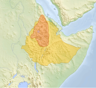 Äthiopisches Kaiserreich (orange) um 1750 und Eroberungen Kaiser Meneliks II. Ende des 19. Jahrhunderts (gelb)