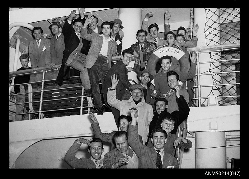 File:Migrants in a group on the MV TOSCANA at Trieste January 1954 (8402698533).jpg