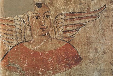A male figure with wings, from the mural paintings signed Tita in the Loulan Kingdom site of Miran (Xinjiang), dated 3rd century AD