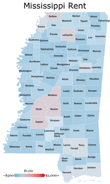 1 bedroom rent by county in Mississippi (2021)

$2,000+

$1,000

~$500 Mississippi rent.webp