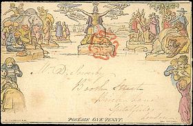 The one penny Mulready stationery
issued in 1840, hand coloured Mulready envelope.jpg
