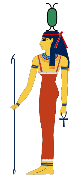 Die godin Neith met haar simbole: gekruisde pyle en ’n skild op haar kop, die anch en die was-septer.