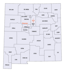 An enlargeable map of the 33 counties of the state of New Mexico New Mexico counties map.png