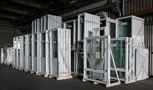 New glass doors and windows made by H Fönster in storage at Gåseberg, Lysekil Municipality, Sweden.