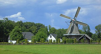 Zicht op molen en huizen