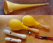 Some instruments for a very loud rhythm band: vuvuzela, Soprano and alto recorder head joints, pea whistle, very loud maracas Noisemakers.jpg