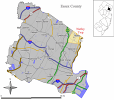 Map of Nutley Township in Essex County. Inset: Location of Essex County highlighted in the State of New Jersey.