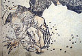 Ein oni blir skremd vekk med bønner. Tresnitt av Hokusai.