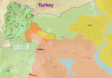 On 20 January 2018, Turkey launched Operation Olive Branch against SDF in Afrin region. Operation Olive Branch.svg