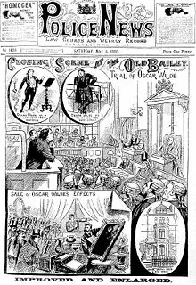 A cartoon drawing of Wilde in a crowded courtroom