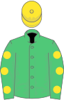 Emerald green, yellow spots on sleeves, yellow cap