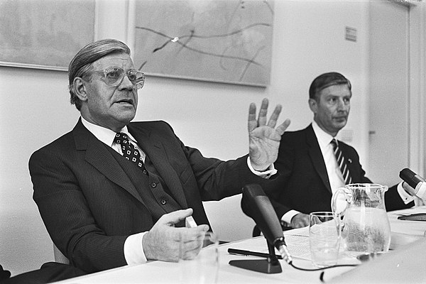 Chancellor of West-Germany Helmut Schmidt and Prime Minister Dries van Agt during a press conference at Airport Schiphol on 9 July 1982.