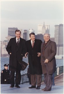 President Ronald Reagan and President-elect George Bush meet with Soviet leader Mikhail Gorbachev in December 1988