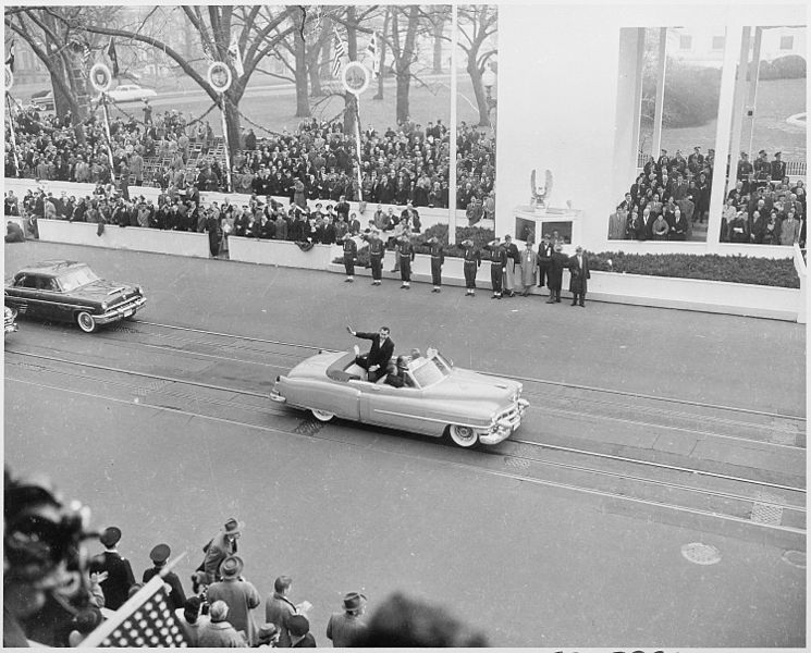 File:Photograph of Vice President Richard M. Nixon waving to crowds as he rides in the Inaugural parade. - NARA - 200424.jpg