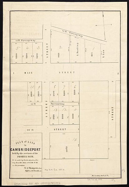 File:Plan of land in Cambridgeport held by the receivers of the Phoenix Bank, to be sold by public auction Friday June 20, 1851 at 4 oclk. p.m. on the premises (9472266021).jpg